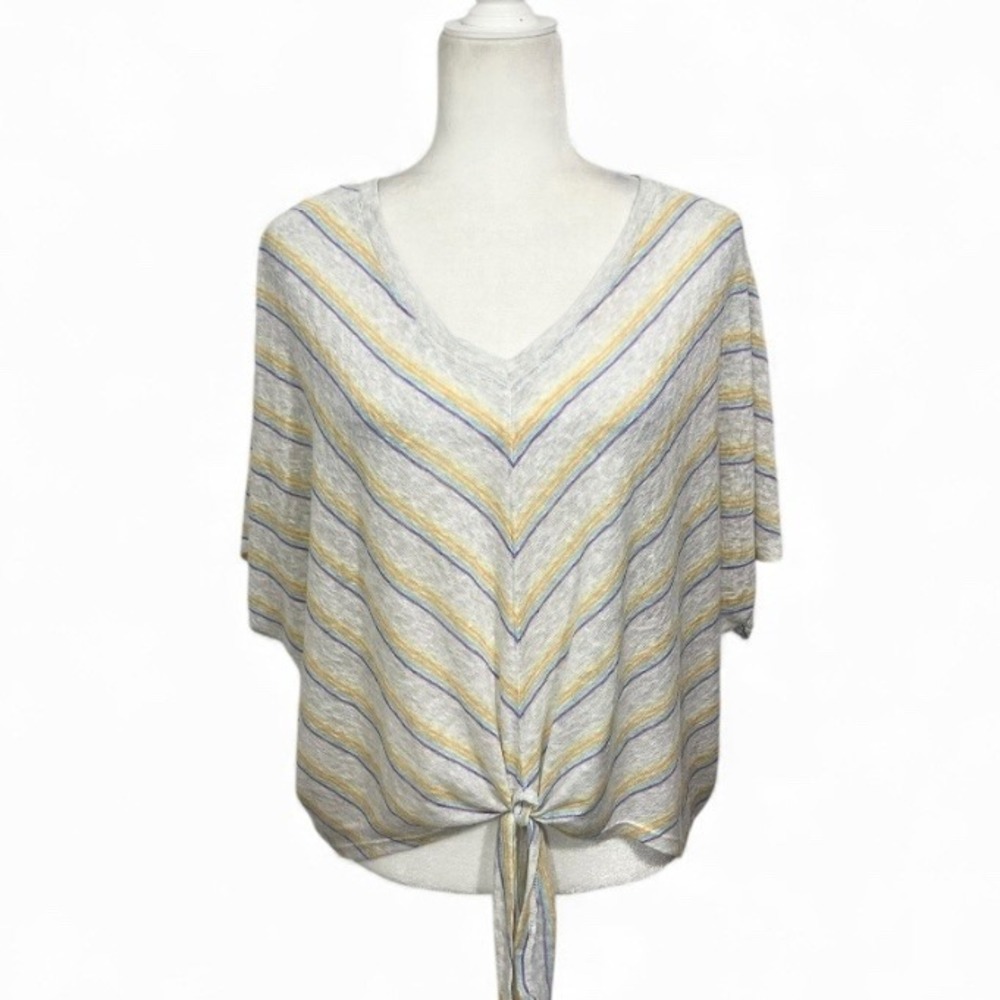 Democracy Tie Front V Neck Striped Knit Top Medium Casual Beach Dolman Sleeve